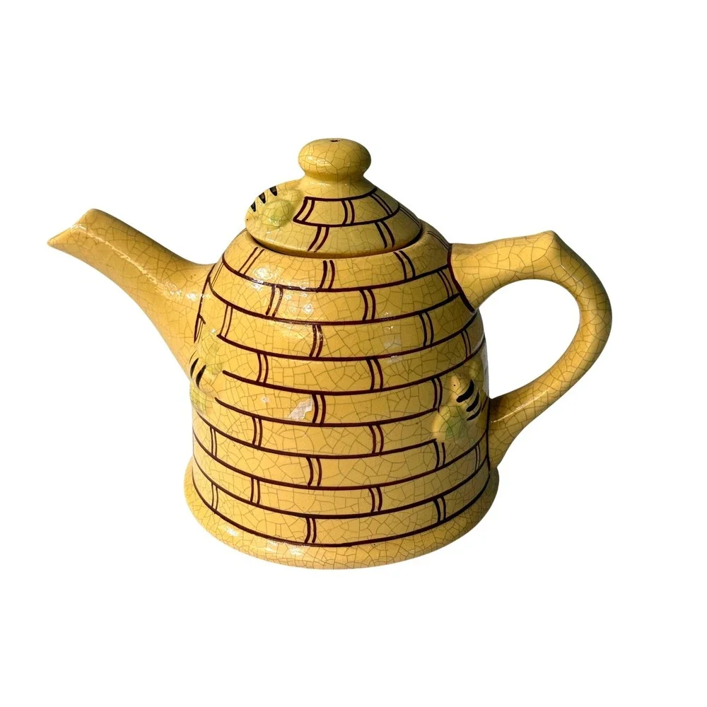 Vintage Beehive Skep Ceramic Teapot Yellow Crackle Glaze with Honeybee Accents